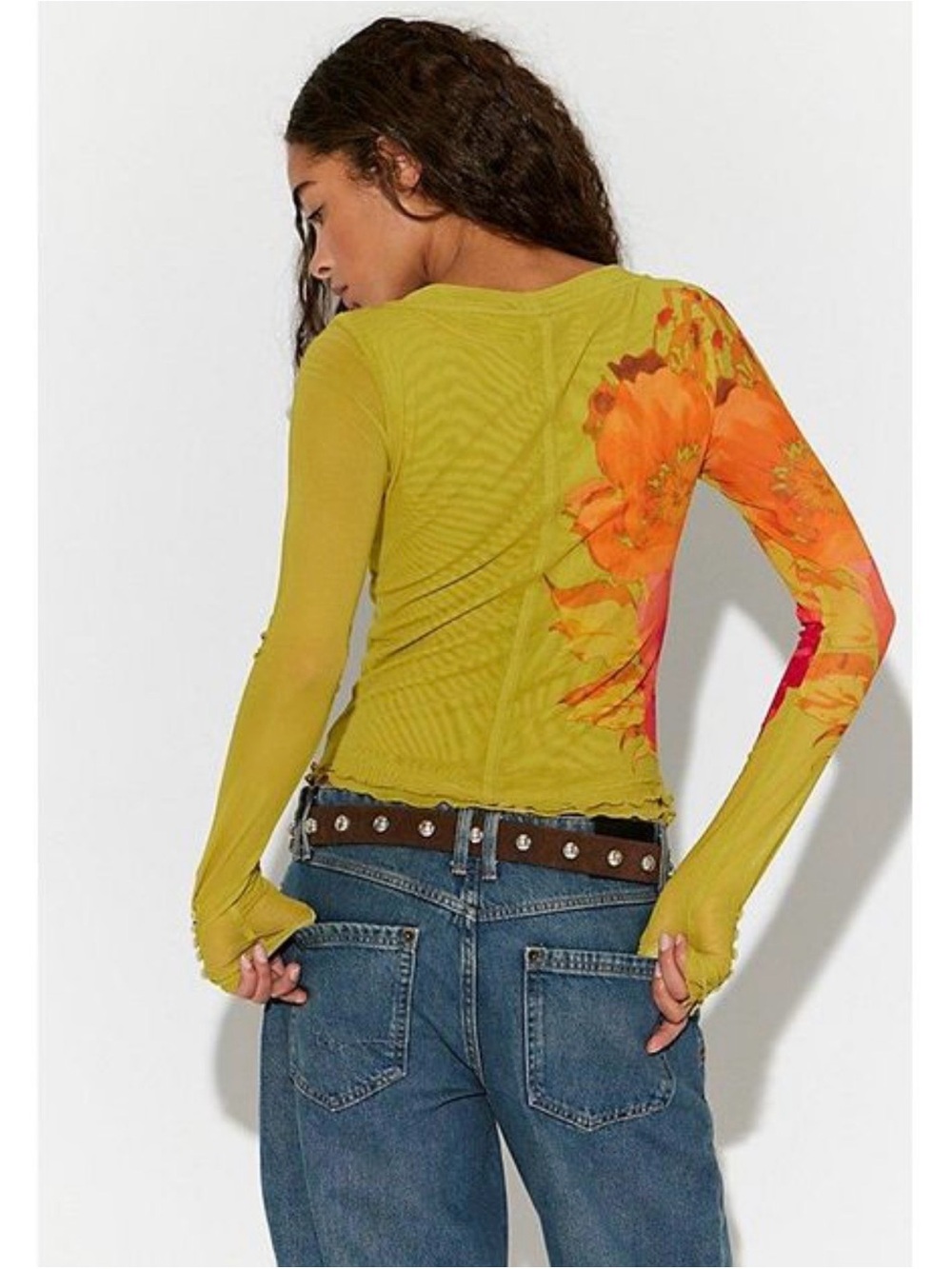 Free People NWT Lilly Printed Mesh Long Sleeve Top Citron Yellow Floral Small - Picture 5 of 9